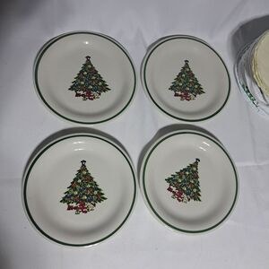 Mount Clemons Pottery Stoneware 4‎ Ct Salad Plates W/ Bag Christmas Tree Design